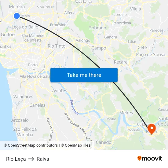 Rio Leça to Raiva map