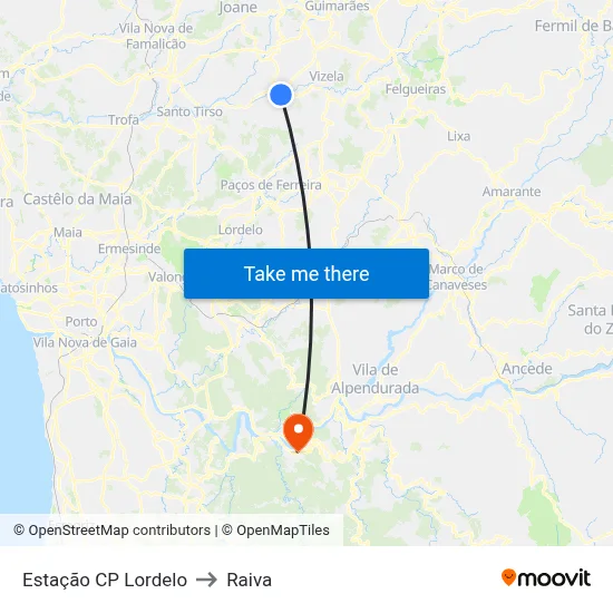 Estação CP Lordelo to Raiva map