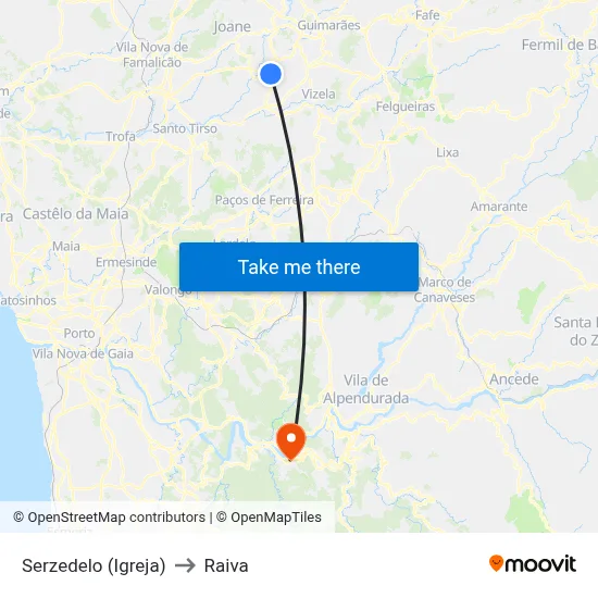 Serzedelo (Igreja) to Raiva map