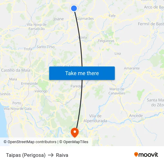Taipas (Perigosa) to Raiva map