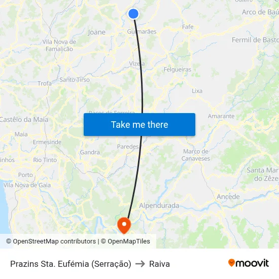 Prazins Sta. Eufémia (Serração) to Raiva map