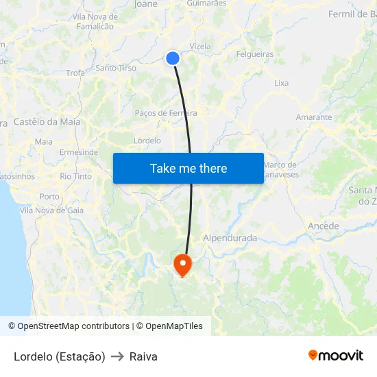 Lordelo (Estação) to Raiva map