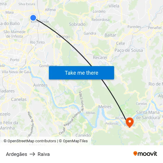 Ardegães to Raiva map