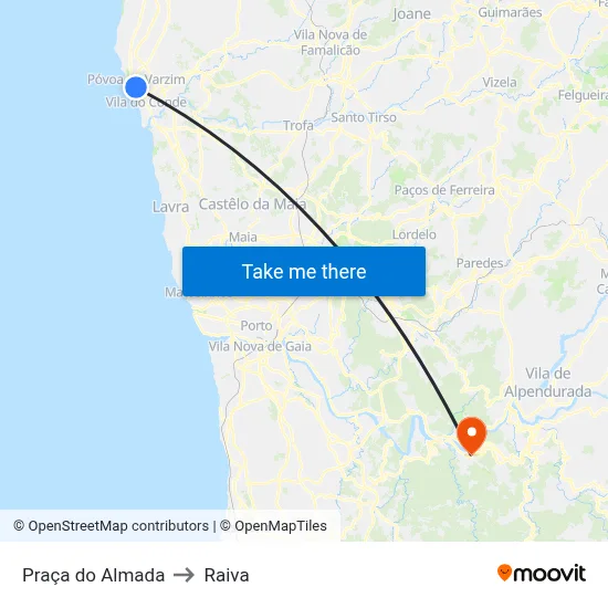 Praça do Almada to Raiva map