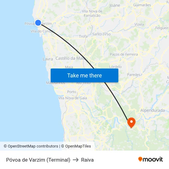 Póvoa de Varzim (Terminal) to Raiva map