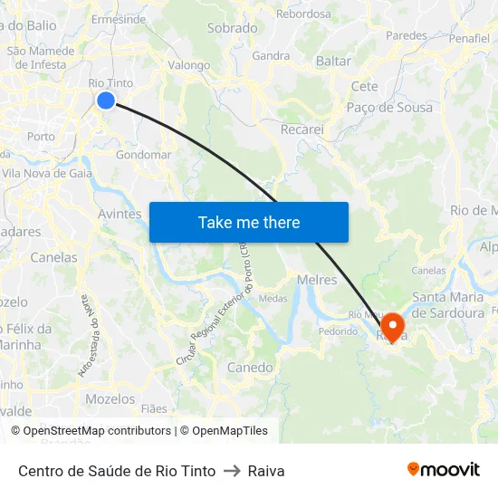 Centro de Saúde de Rio Tinto to Raiva map