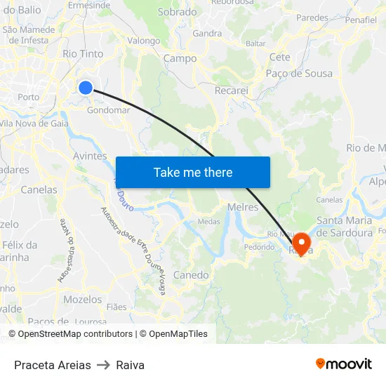 Praceta Areias to Raiva map