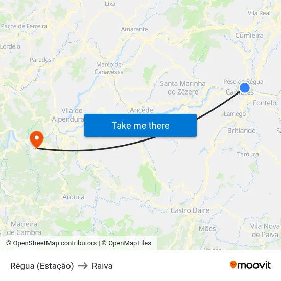 Régua (Estação) to Raiva map