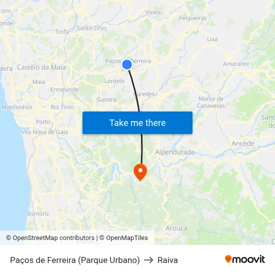 Paços de Ferreira (Parque Urbano) to Raiva map