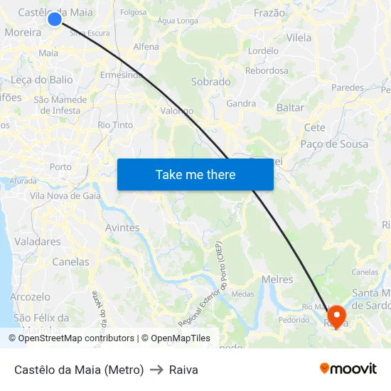 Castêlo da Maia (Metro) to Raiva map