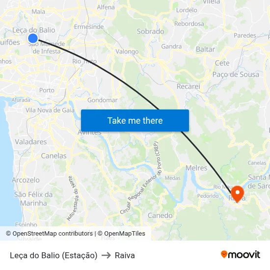 Leça do Balio (Estação) to Raiva map