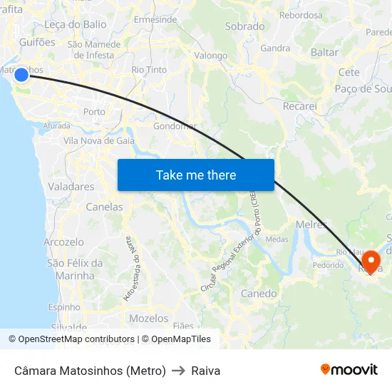 Câmara Matosinhos (Metro) to Raiva map
