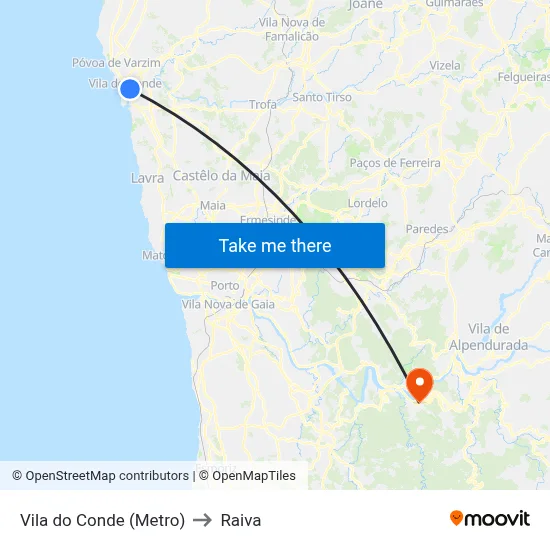 Vila do Conde (Metro) to Raiva map