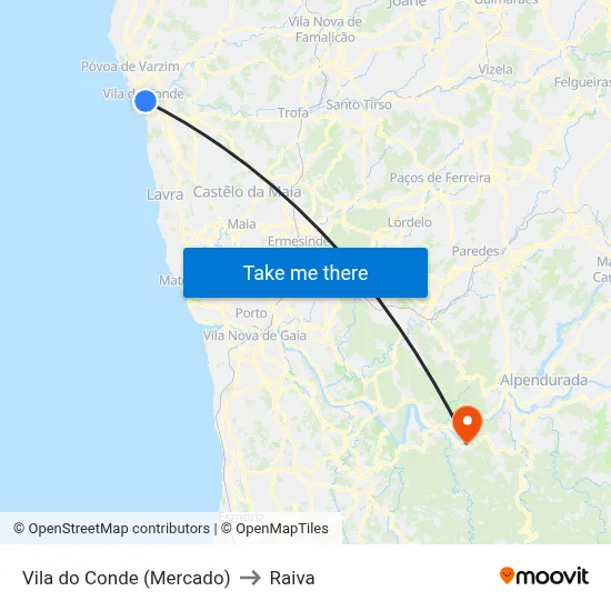 Vila do Conde (Mercado) to Raiva map
