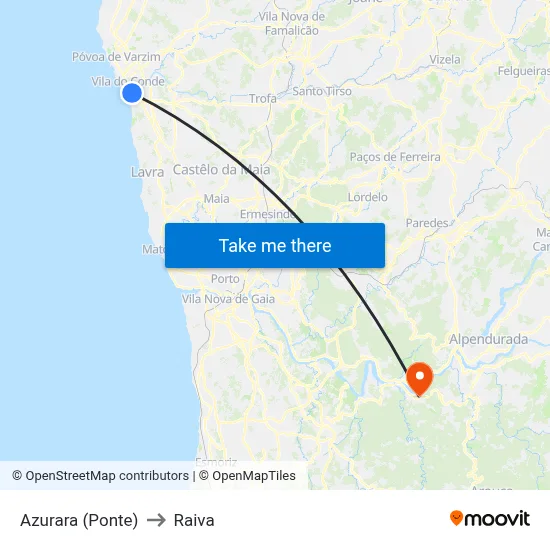 Azurara (Ponte) to Raiva map