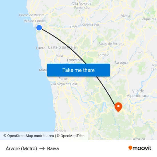 Árvore (Metro) to Raiva map