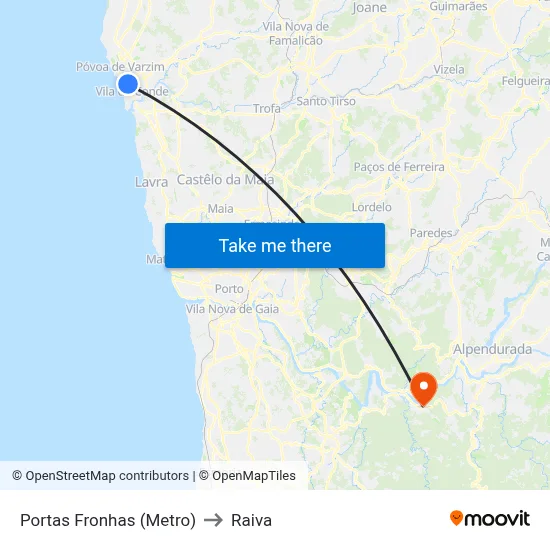 Portas Fronhas (Metro) to Raiva map
