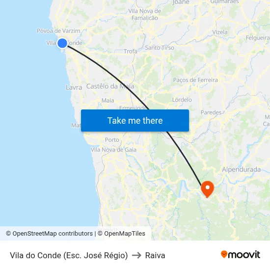 Vila do Conde (Esc. José Régio) to Raiva map