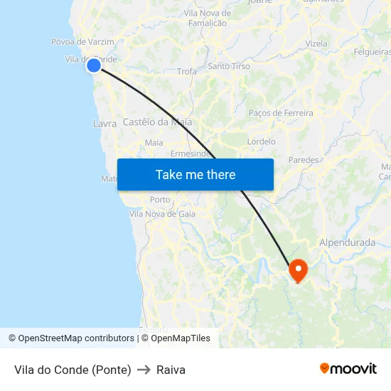 Vila do Conde (Ponte) to Raiva map