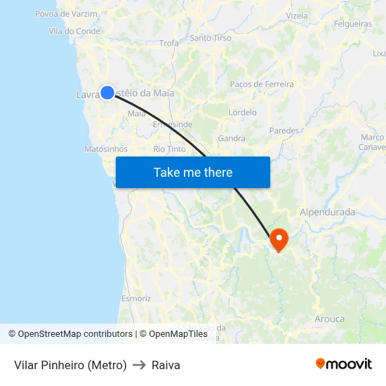 Vilar Pinheiro (Metro) to Raiva map