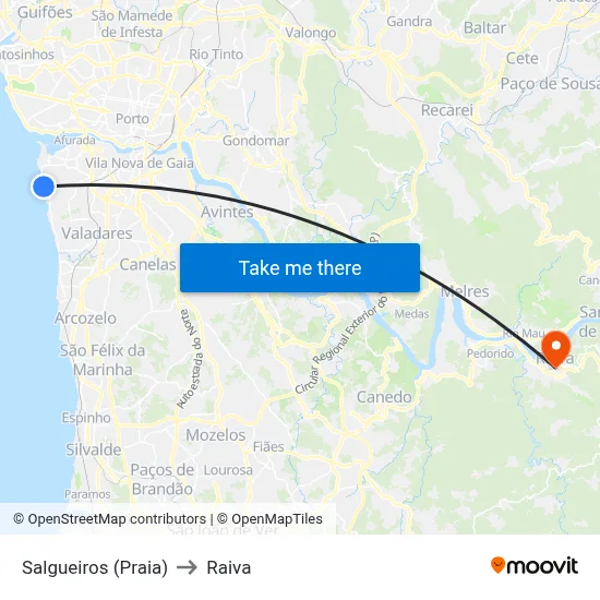 Salgueiros (Praia) to Raiva map