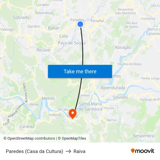 Paredes (Casa da Cultura) to Raiva map