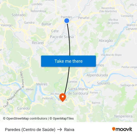 Paredes (Centro de Saúde) to Raiva map