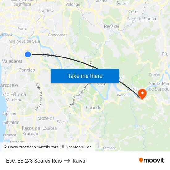 Esc. EB 2/3 Soares Reis to Raiva map