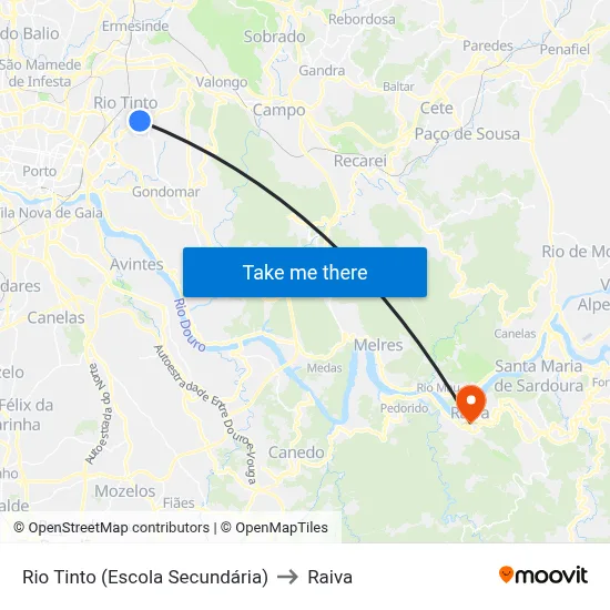 Rio Tinto (Escola Secundária) to Raiva map