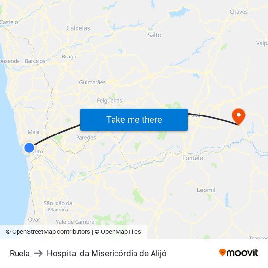 Ruela to Hospital da Misericórdia de Alijó map