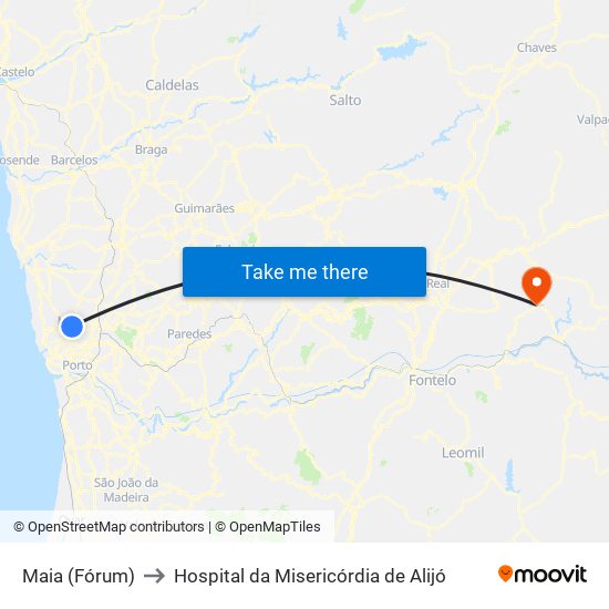 Maia (Fórum) to Hospital da Misericórdia de Alijó map