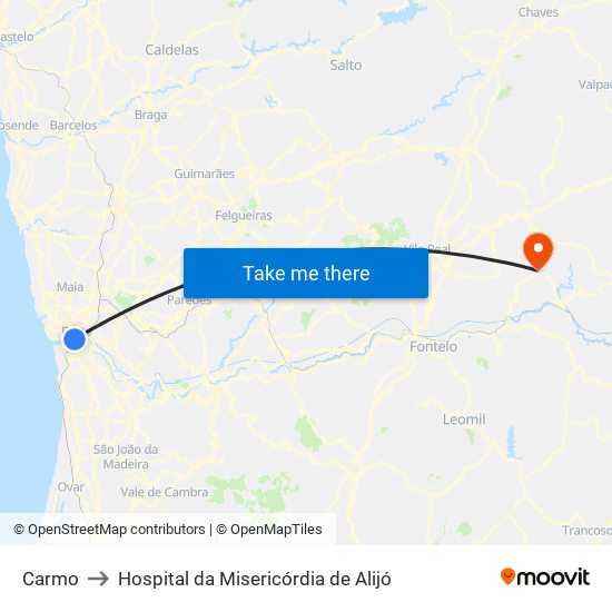 Carmo to Hospital da Misericórdia de Alijó map