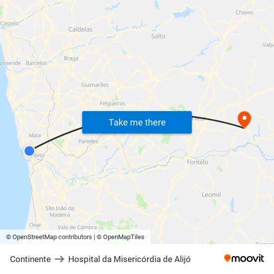 Continente to Hospital da Misericórdia de Alijó map