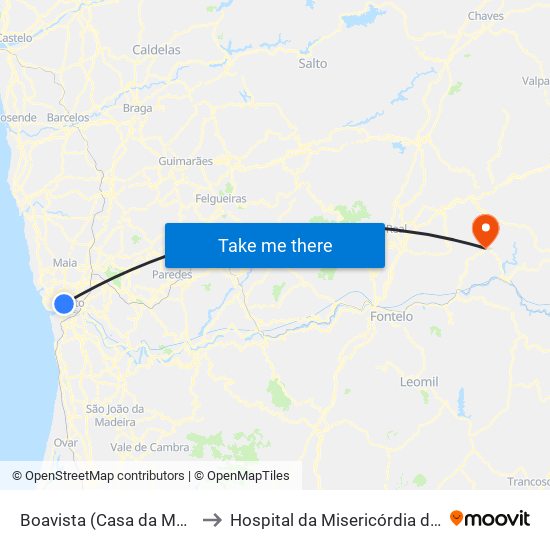 Boavista (Casa da Música) to Hospital da Misericórdia de Alijó map