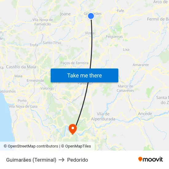 Guimarães (Terminal) to Pedorido map