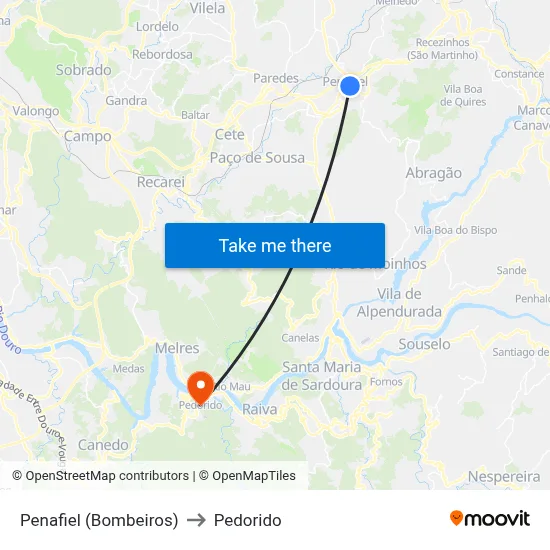 Penafiel (Bombeiros) to Pedorido map