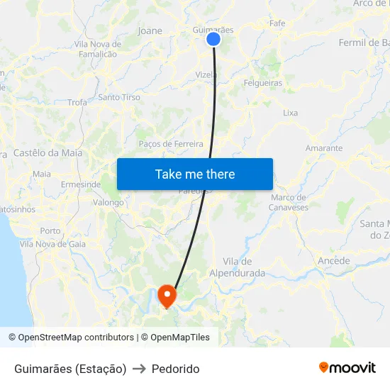 Guimarães (Estação) to Pedorido map