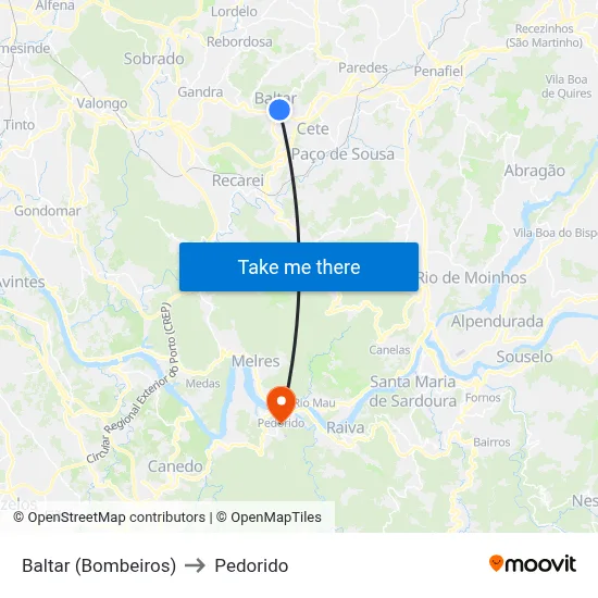 Baltar (Bombeiros) to Pedorido map