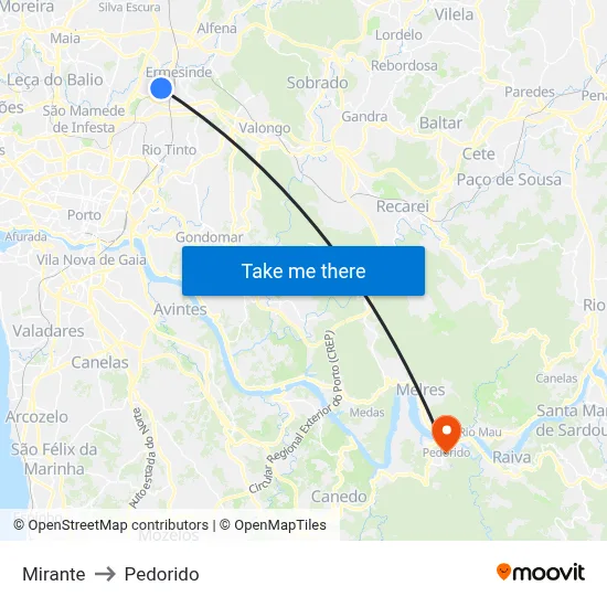 Mirante to Pedorido map