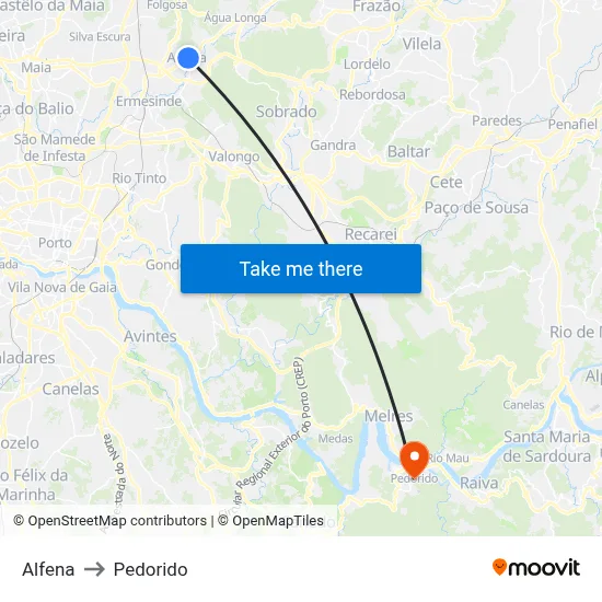 Alfena to Pedorido map