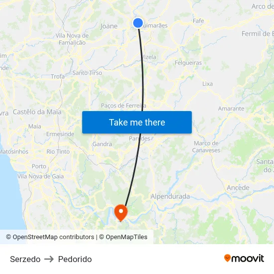 Serzedo to Pedorido map