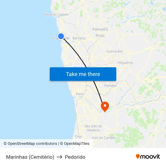 Marinhas (Cemitério) to Pedorido map