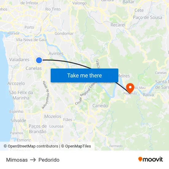 Mimosas to Pedorido map
