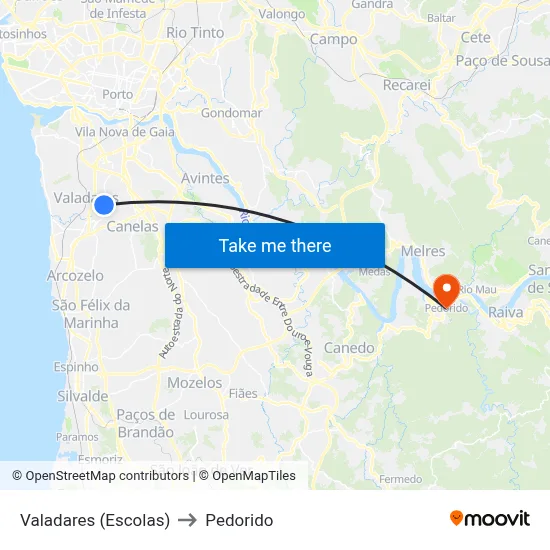 Valadares (Escolas) to Pedorido map
