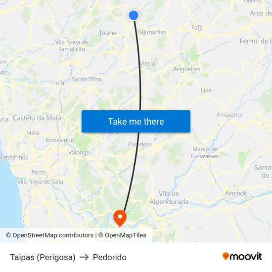 Taipas (Perigosa) to Pedorido map