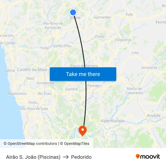 Airão S. João (Piscinas) to Pedorido map