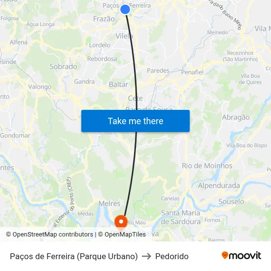 Paços de Ferreira (Parque Urbano) to Pedorido map