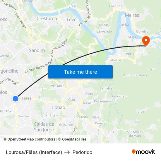 Lourosa/Fiães (Interface) to Pedorido map