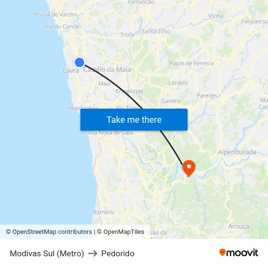 Modivas Sul (Metro) to Pedorido map