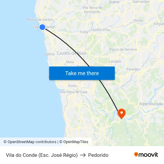 Vila do Conde (Esc. José Régio) to Pedorido map